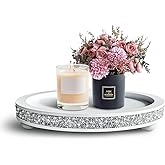 12 inch Round Wood Tray, Acrylic Diamond Decoration, Decorative Tray for Living Room, Coffee Table or Kitchen Table Service Tray, White