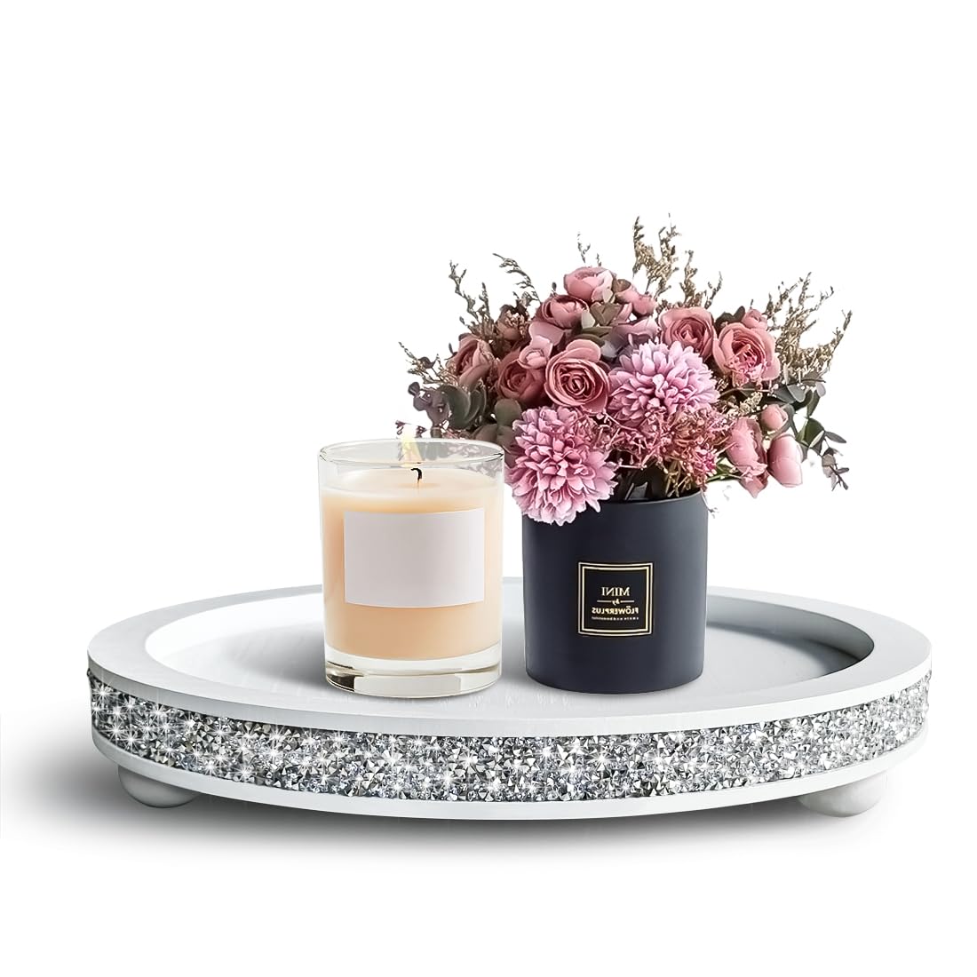 Photo 1 of 12 inch Round Wood Tray, Acrylic Diamond Decoration, Decorative Tray for Living Room, Coffee Table or Kitchen Table Service Tray, White