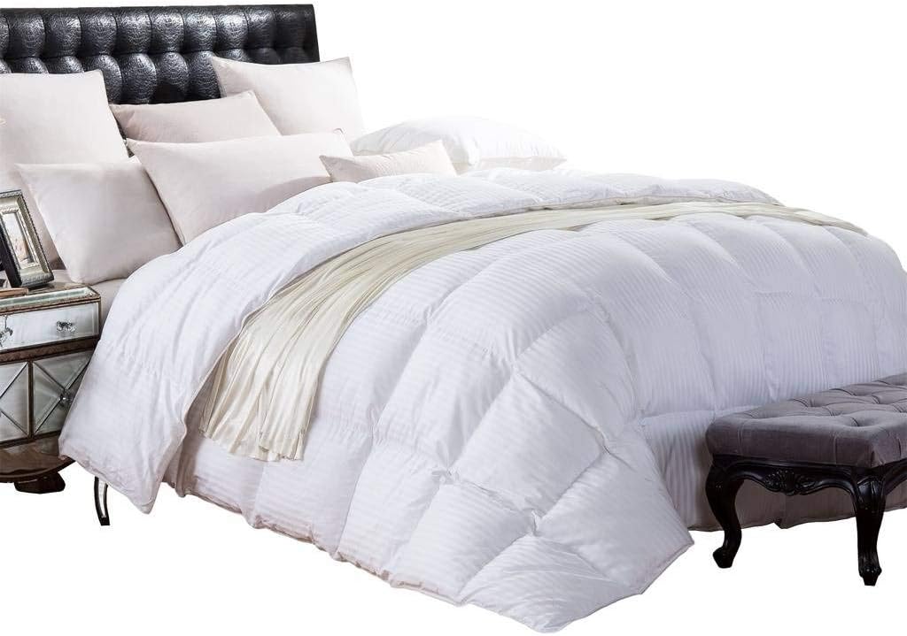 All Season Oversize White Cabana Stripe, King Size 1200 Thread Count - 750FP - 50oz - Luxurious Siberian Goose Down Comforter, Baffle Box Construction, 100 Percent Egyptian Cotton, 1200 TC