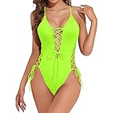 Tempt Me Women Sexy Lace Up One Piece Swimsuit Deep Plunge V Neck High Cut Bathing Suits