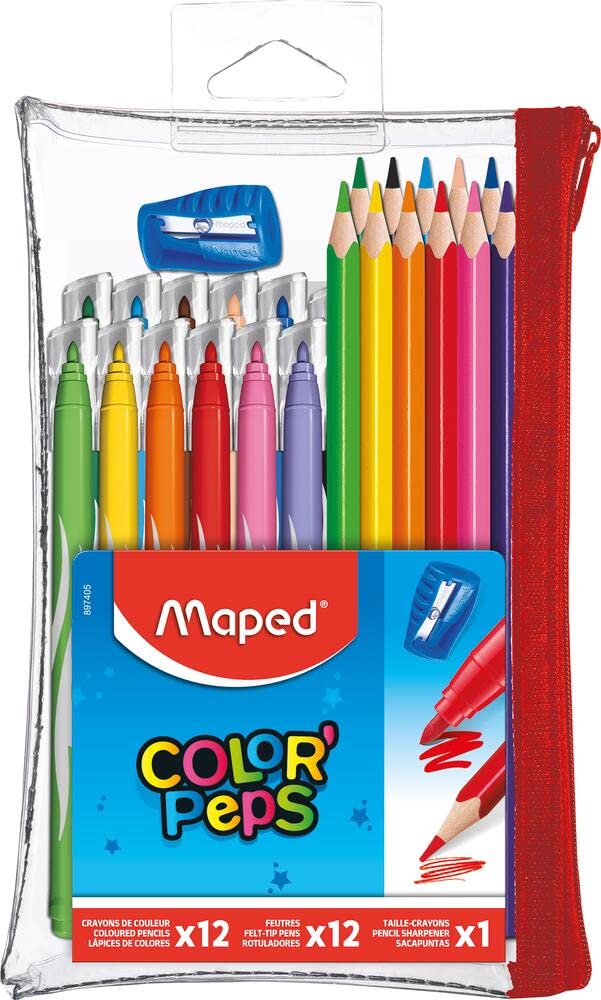 Maped - Color'Peps Transparent Filled Pencil Case - 12 Coloured Pencils + 12 Washable and Drying Resistant Pens + 1 Pencil Sharpener - Zipped Reusable Pencil Case