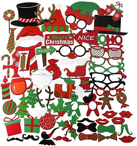 62Pcs Christmas Photo Booth Props Kit on a Stick for Party Supplies with Glasses Moustache Red Lips Deer Horn Santa Hat，DIY Xmas Decorations Party Favors Supplies Years Children Birthday