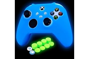 HLRAO Blue Silicone Cover Skin for Xbox Series X/S Controller Glow in The Dark Anti-Slip Soft Rubber Case Protector Accessories Set with 8 Glow in The Dark Thumb Grips Caps + 2 Cute Cat Paw Caps.
