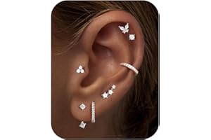 M MOOHAM Hypoallergenic Earring Stacks - 7 Pairs 14K Gold Plated Flat Back Stud Earrings Dainty Huggie Hoop Cartilage Helix Earring Jacket, Fashion Accessories Western Jewelry Gifts