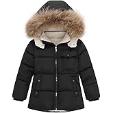 Podgina Kids Girls Winter Fleece Lined Puffer Jackets Fur Collar Hooded Parka Snow Coats