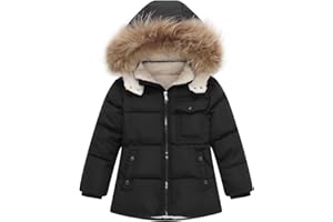 Podgina Kids Girls Winter Fleece Lined Puffer Jackets Fur Collar Hooded Parka Snow Coats
