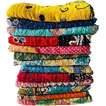 YUVANCRAFTS Courtepointe Kantha indienne faite à la main en pur coton avec imprimé traditionnel floral et de fruits Courtepointe Kantha Queen Couverture Couvre-lits Plaid