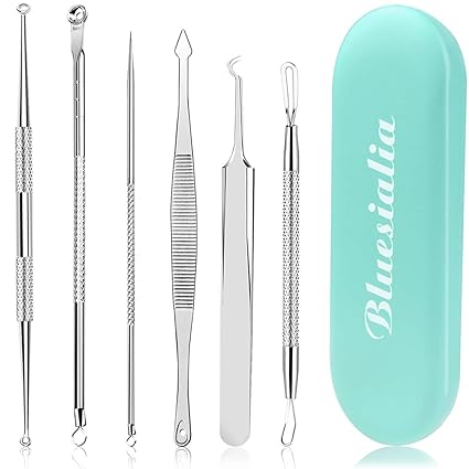 Mitesserentferner Set, Komedonenquetscher Edelstahl Pickel und Akne Ausdrücken Nadel Werkzeug Komedonenheber 6 Stücke Set für