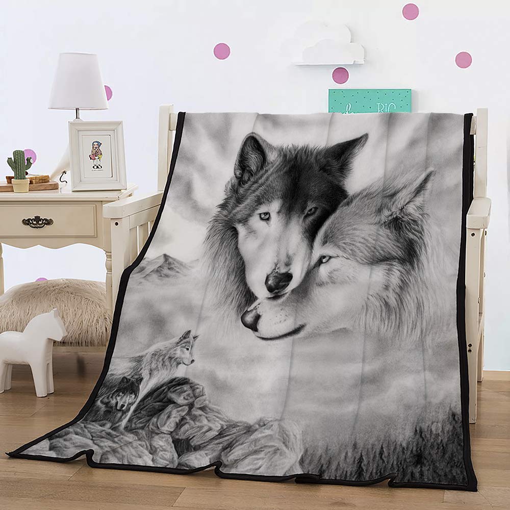 AOXHFNV 3D Wolf Blanket 150 x 200 cm Sofa Blanket Cuddly Blanket Flannel Couch Blanket Black White Wolf Fleece Blanket Suitable for Bed or Sofa (Wolf)