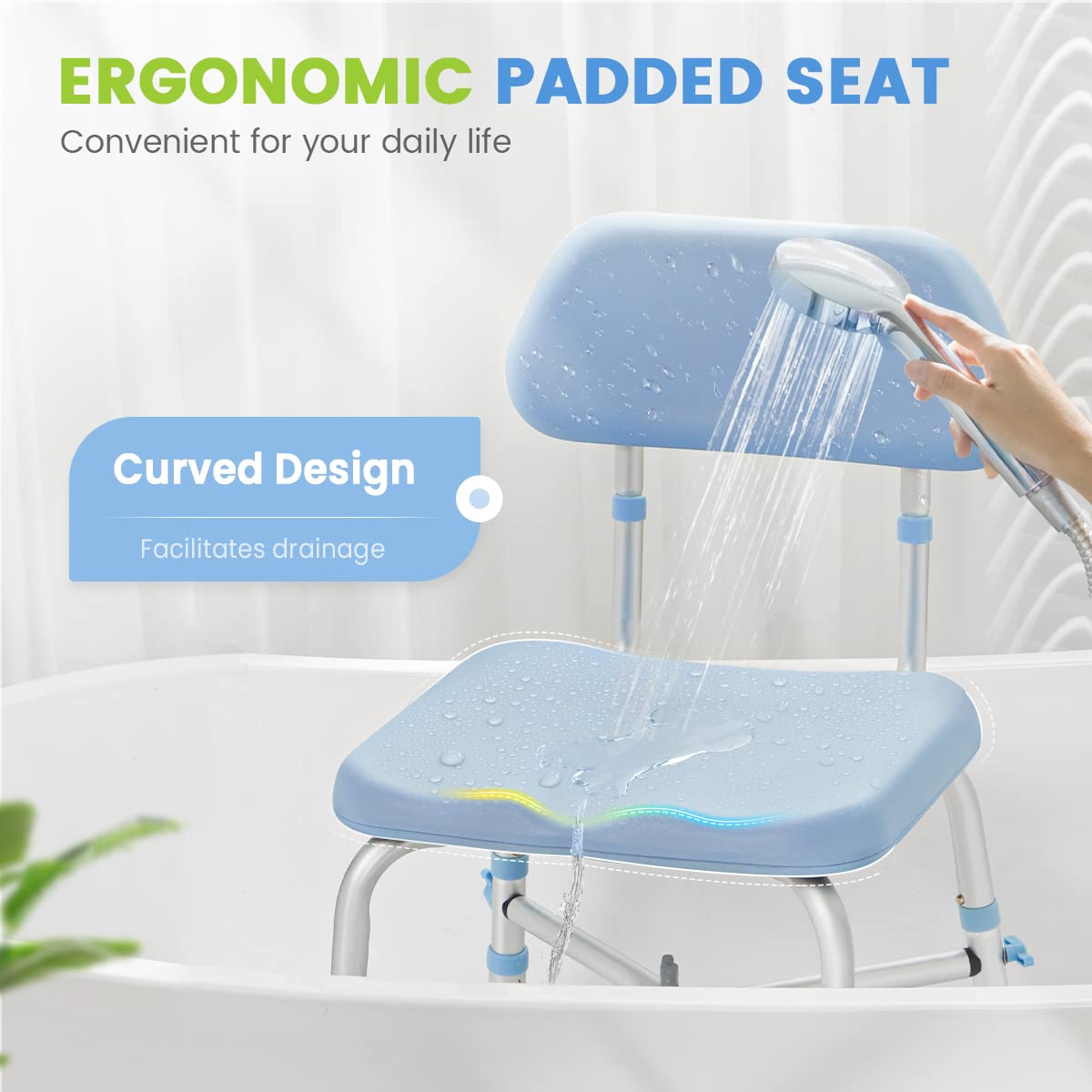 OasisSpace Heavy Duty Shower Chair with Back 500lbs, Padded Bathroom Chair for Inside Shower - Medical Tool-Free Anti Slip Shower Chair for Elderly, Senior, Handicap & Disabled