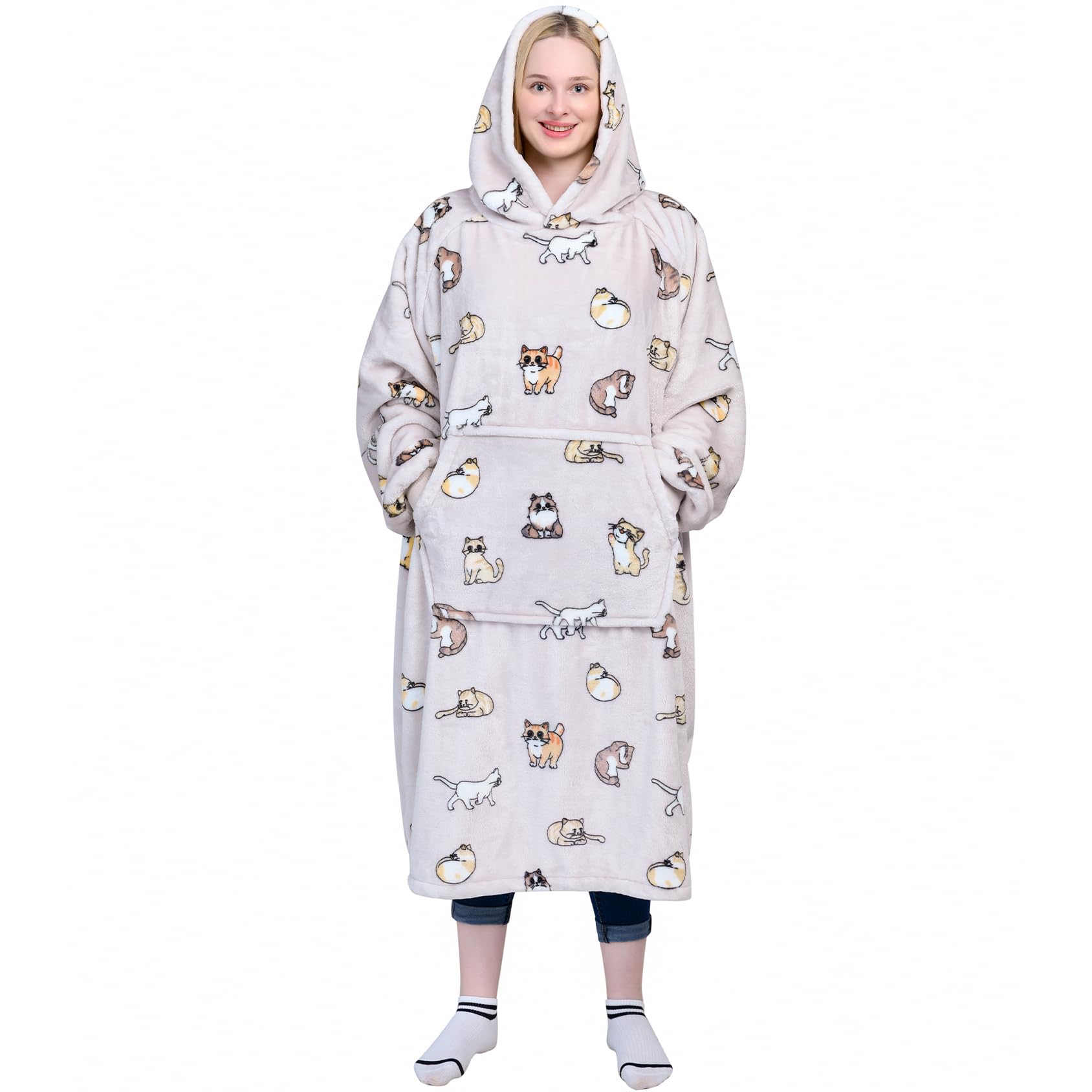 Photo 1 of Waitu Wearable Blanket Sweatshirt Gifts for Women and Men, Warm and Cozy Giant Blanket Hoodie, Thick Flannel Blanket with Sleeves and Giant Pocket - Cat Gray
