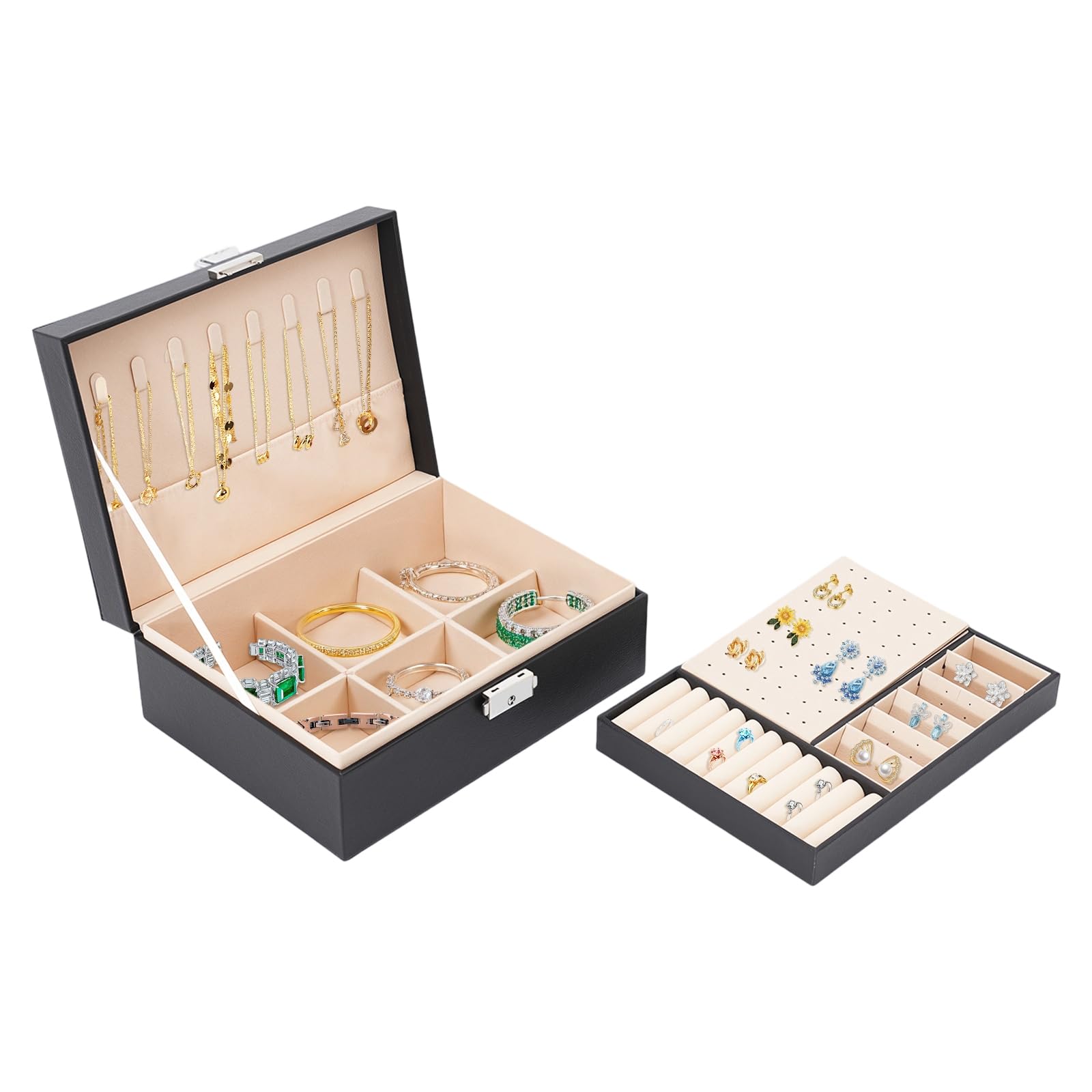 WANLECY Jewelry Box with Lock, Travel Jewelry Organizer Case for Rings Earrings Necklaces, 2-Tier Lockable Jewelry Storage Box for Gift Giving