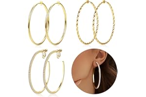 ADRAMATA Clip On Hoop Earrings for Women,Gold Clip-on Earrings Non Piercing Big Stainless Steel Fake Hoop Earring for Non Pierced Ears Lightweight 30-60mm