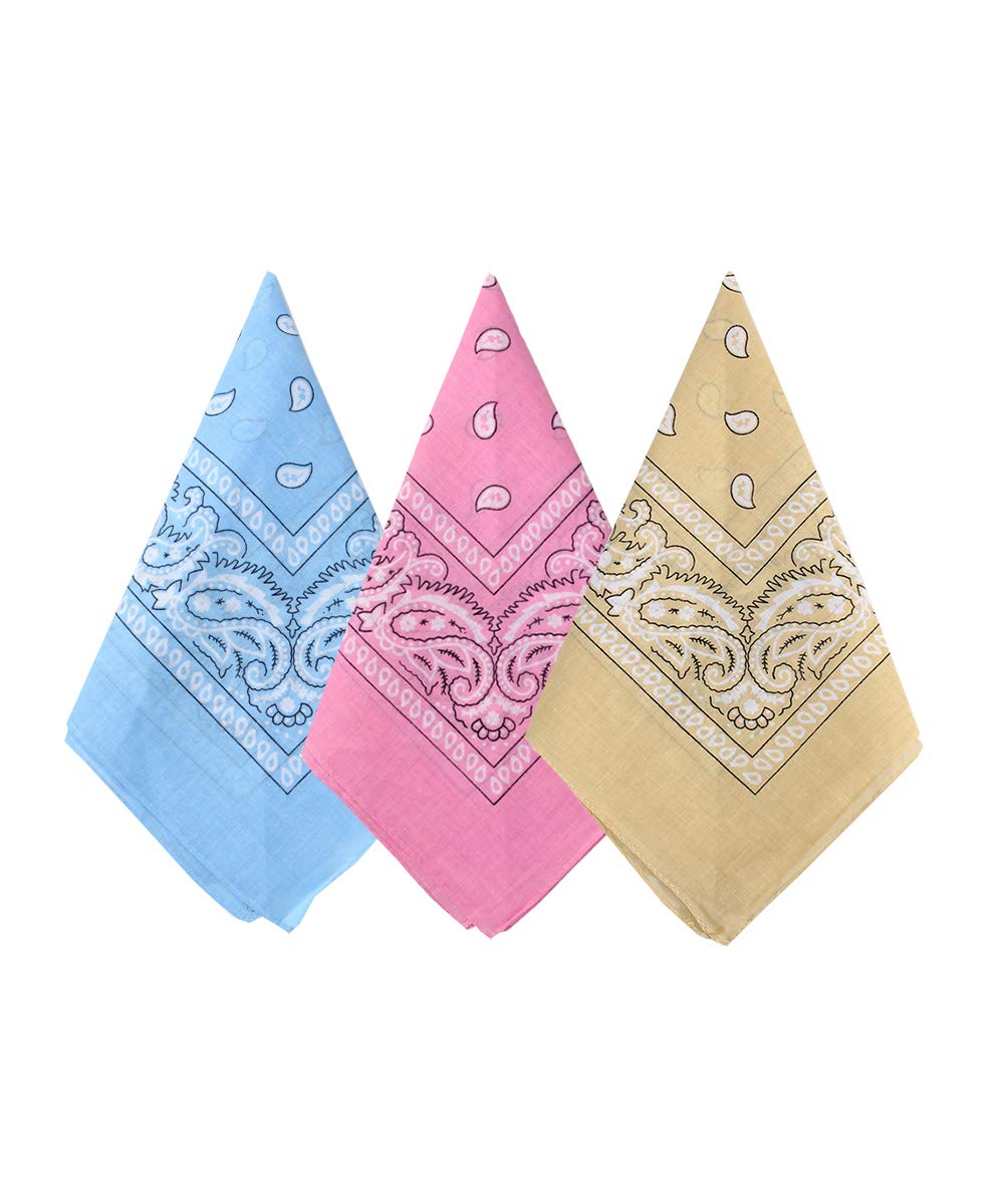 Bycc Bynn 3 Pack 100% Cotton Paisley Pattern Bandanas Face Mask Square Scarf Headwea(Light Blue + Pink + Beige)