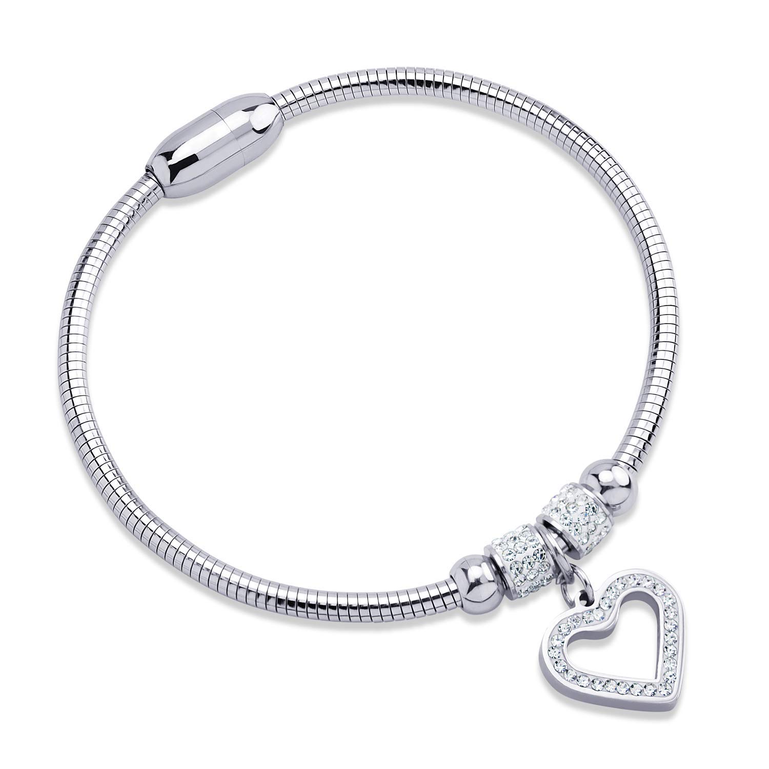 555Jewelry Womens Sparkly Magnetic Magnet Clasp Lock Cubic Zirconia CZ Love Cute Heart Charm Dangle Wrap Fashion Accessory Jewelry Wristband Bangle Bracelet, Silver