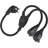 Power Extension Cord Y Splitter - 1FT Right Angled Type Flat Plug NEMA 5-15P 1 to 2 Way Outlet NEMA 5-15R SJT 16AWG 3 Prong Low Profile Black AC Power Cable Wire Extender for TV Computer Monitor