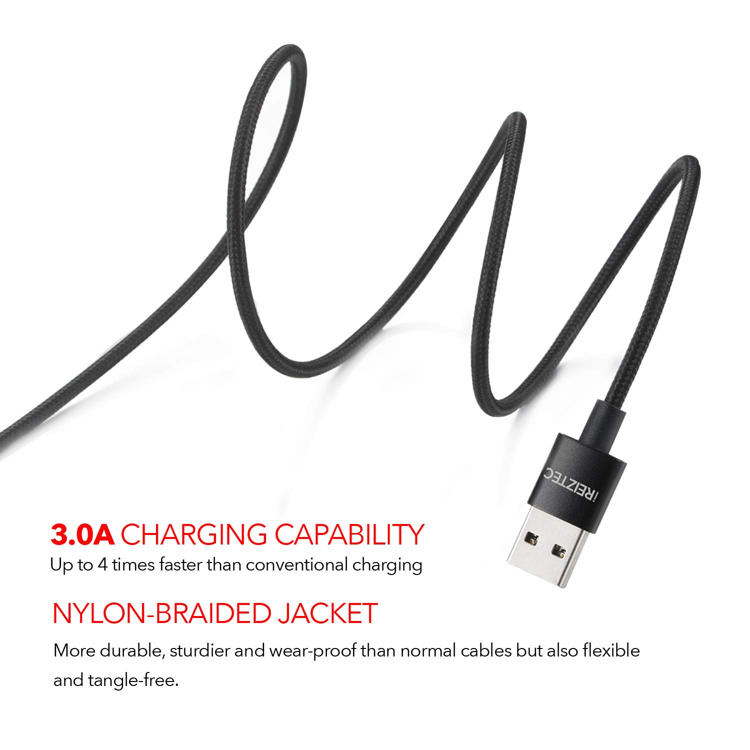 REVERSIBLE Micro USB cable 3.3ft 2-Pack，iREIZTEC Nylon Braided Tangle-Free Durable High Speed Sync + 3.0 Amps Fast Charging Cable for Android, Samsung S8/9 plus N8, HTC, Nokia, Sony and More (Black)