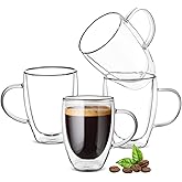 Ulrikco 12oz Double Walled Glass Coffee Mugs with Handle, Clear Cappuccino Glass Mug Set of 4, Insulated Layer Coffee Cups, Clear Borosilicate Glass Mugs, Glasses Espresso Mugs for Coffee