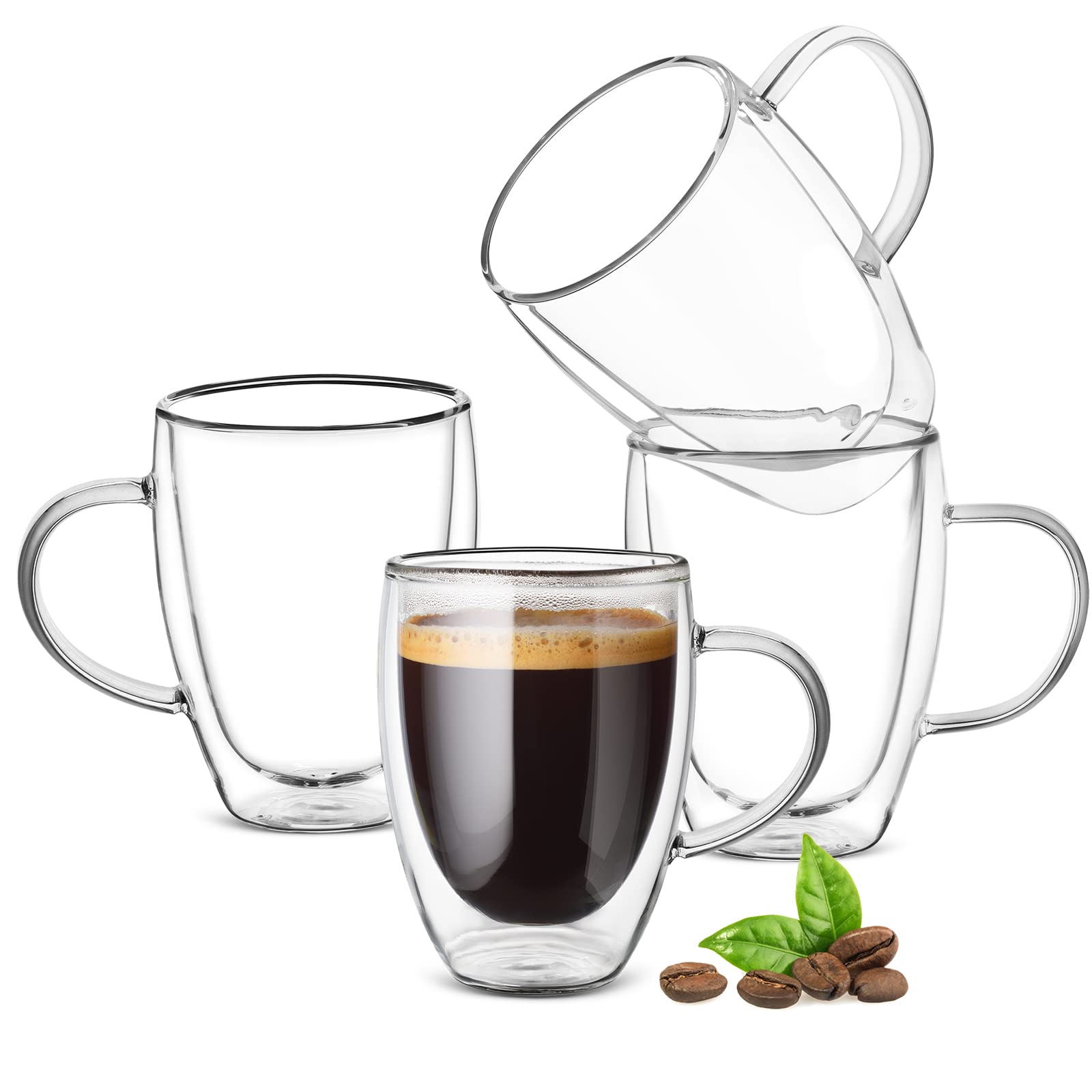 Ulrikco 350ml/12oz Double Walled Borosilicate Glass Coffee Mugs with Handle, Clear Coffee Cups Set of 4, Insulated Drinking Glass Cup for Latte, Cappuccino, Espresso, Hot/Cold Drink