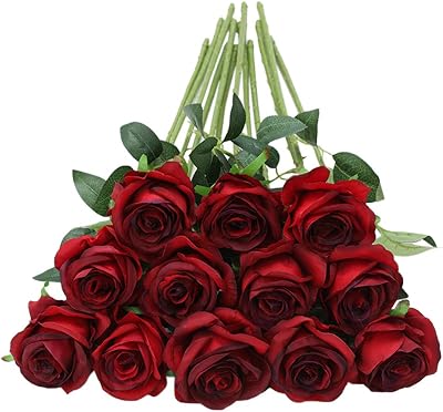 Tifuly 12 PCS Artificial Roses 50cm Long Silk Bouquet Burgundy (No Vase)