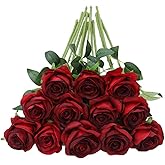 Tifuly 12pcs Red Roses Artificial Flowers,Realistic Long Stem Fake Silk Roses Bouquet for Party Home Wedding Centerpiece Office DIY Decor(Burgundy)