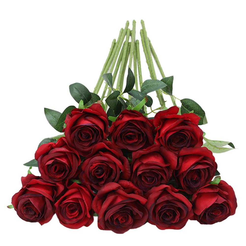Photo 1 of Tifuly 12pcs Red Roses Artificial Flowers,Realistic Long Stem Fake Silk Roses Bouquet for Party Home Wedding Centerpiece Office DIY Decor?Burgundy?