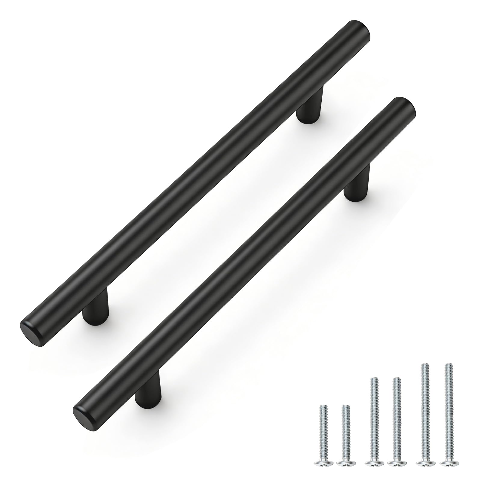 PinLin 5 Pack Kitchen Door Handles 128mm Hole Centre Flat Black Cabinet Handles Stainless Steel Cupboard T Bar Handle (Screws Included)