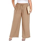Lastshe Women's Plus Size Wide Leg Pants High Waist Loose Casual Palazzo Trousers with Pockets Spring Clothes