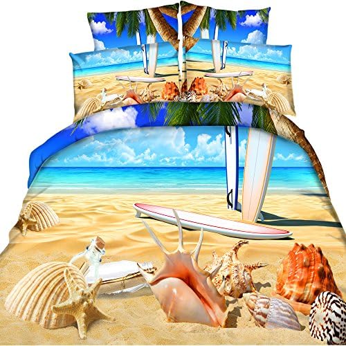 EsyDream 3D Digital Lblue Skye Ocean Beach Shell Design Bedding Sets 4PC,100% Cotton Beach Shell Vacation Duvet Bedspreads,Twin Size (4PC/Set)