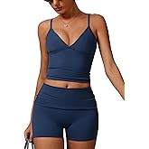 Workout Sets for Women 2 Piece Compression Sports Bra and Fold-over High Waisted Yoga Leggings Shorts Gym Athletic Sets