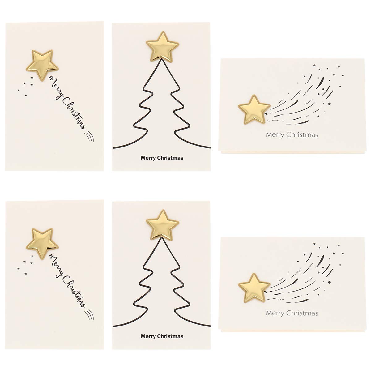 SHIPITNOW Lot of 6 x Merry Christmas 3D Gold Star Greeting Cards without Envelope - Pack of Original Christmas Cards - Simple and modern Christmas and Merry Christmas card design to write a message