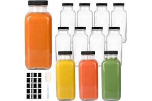GUANENA 12 Pack Glass Drink Bottles, 12 OZ Vintage Square Water Bottles with Lids, Juice Bottles Beverages Containers for Milk, Kombucha, Smoothies