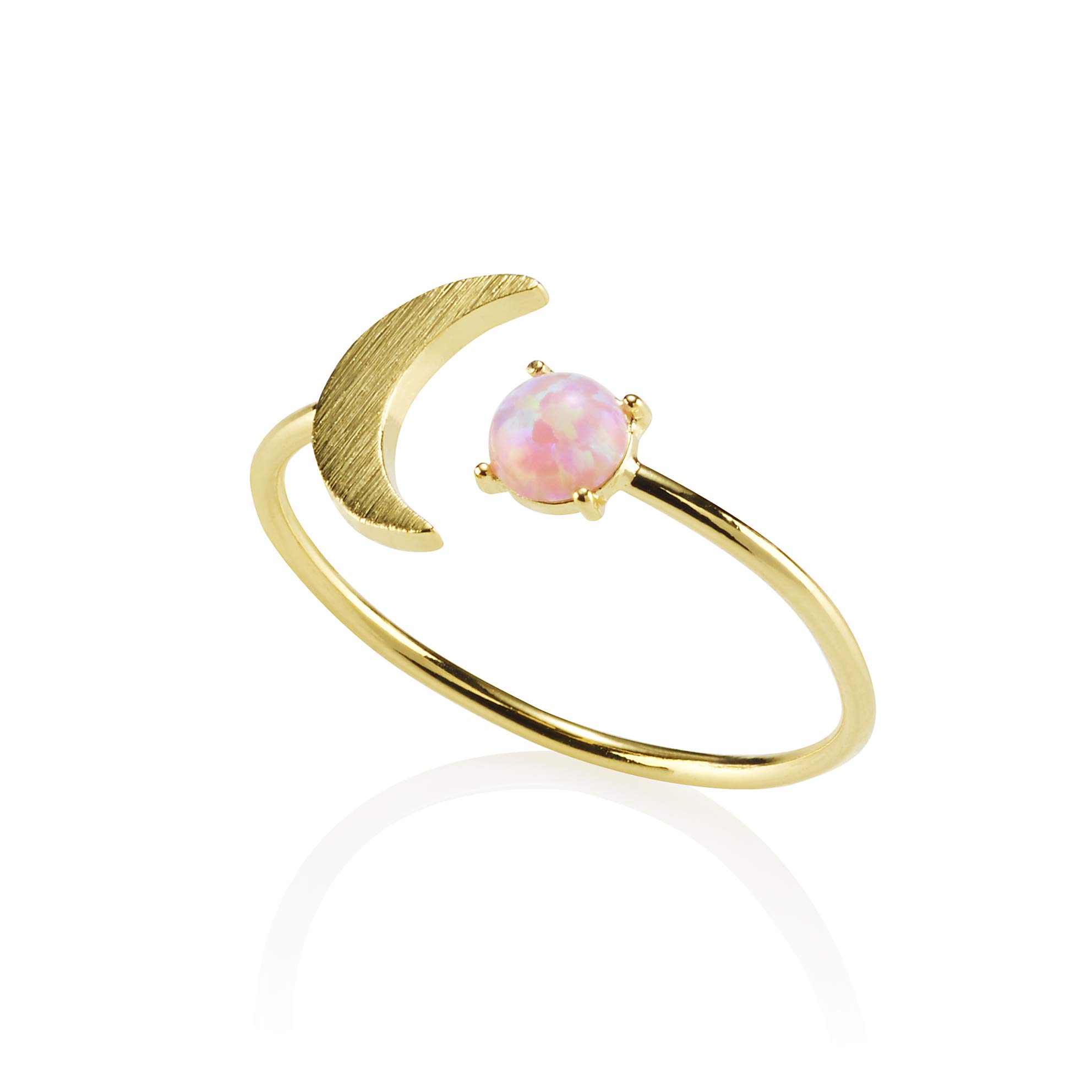 namana Adjustable Dainty Pink Opal Rings for Women and Teen Girls, Brushed Finish Open Gold Ring for Women with a Moon Crescent Motif with a Created Pink Opal