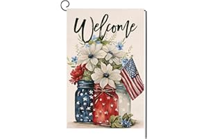 BLKWHT 4th of July Floral Garden Flag 12x18 Vertical Double Sided Patriotic Mason Jar Flowers Red Blue Memorial Day Independence Day Holiday Outside Decorations Burlap Yard Flag BW321