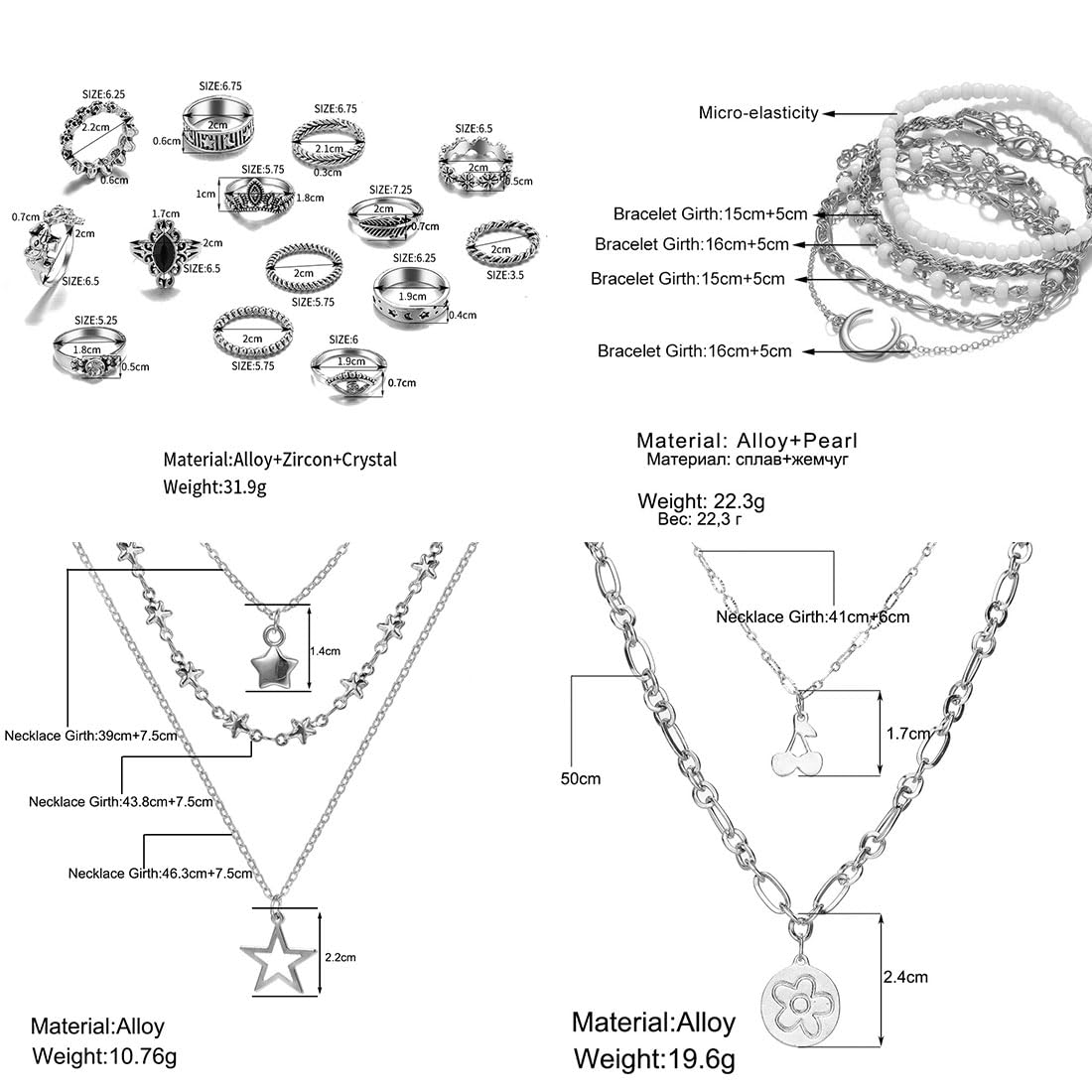 37pcs Silver Jewelry Set With 3 PCS Necklace, 14 PCS Bracelet, 7 PCS Ear Cuffs Earring, 6pcs Hoop Earrings,7pcs silver rings set For Women For Birthday Gifts