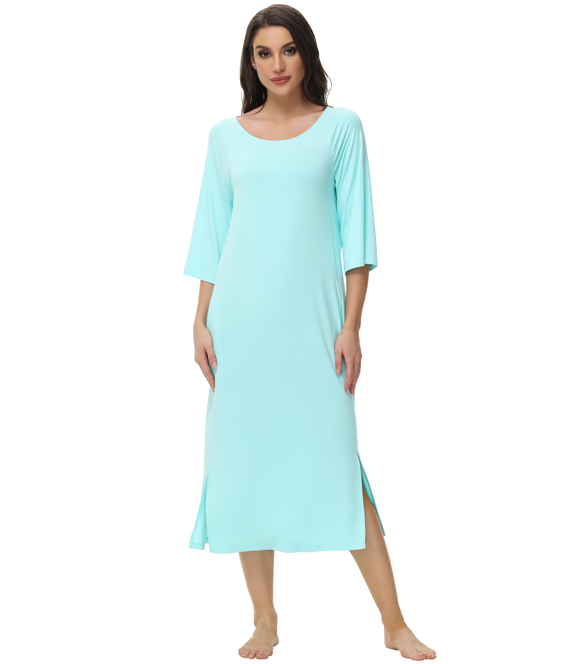 Photo 1 of WiWi Women Viscose from Bamboo Long Nightgowns 3/4 Sleeves Nightshirts Round Neck Full Length Sleep Shirts with Pocket S-XXL, Aqua, Large