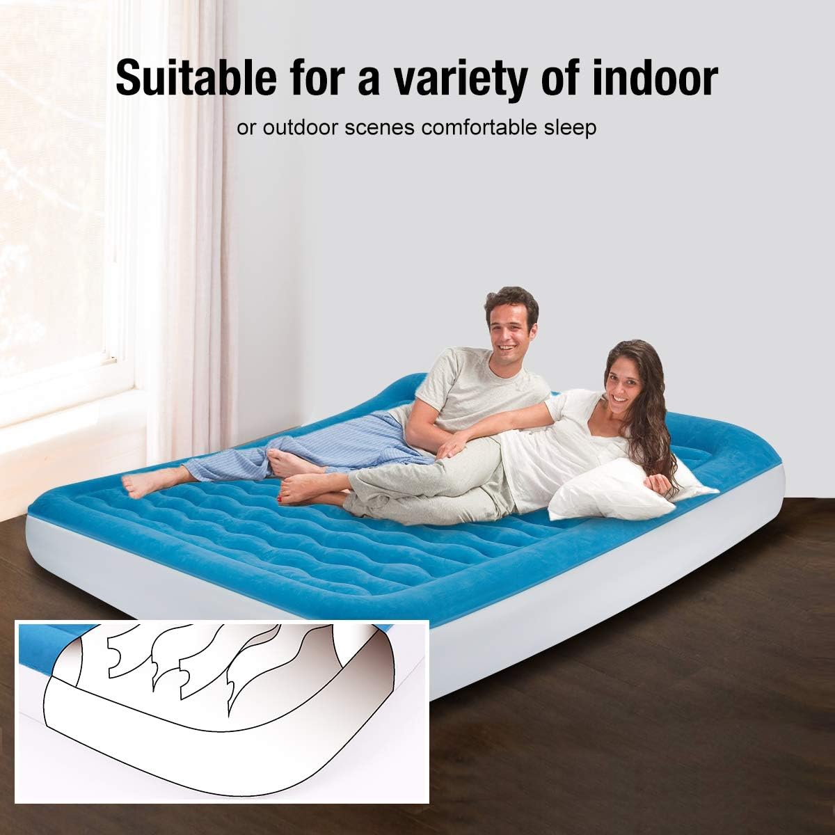 Lunvon Queen Air Mattress for Home and Camping Outdoor Self Inflatable Pad Blow Up Bed with Built-in Pillow Anti-Leakage Raised Airbed Quick Rechargeable Pump for Guest Height 10" 2-Year After Service: Kitchen & Dining