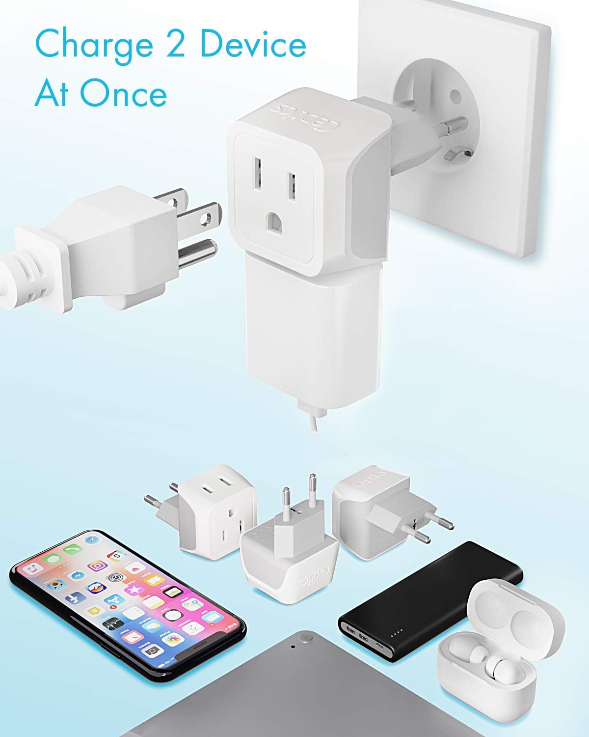 European Travel Plug Adapter by Ceptics Europe Power Adaptor Charger Dual Input - Ultra Compact - Light Weight - USA to any Type C Countries such as Italy, Iceland, Austria and More (CT-9C): Electronics