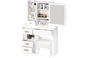 Vanity Desk with Mirror and Stool,Girls Dressing Table White Vanity Table Set with 5 Drawers & Shelves,Hidden Storage Space,E