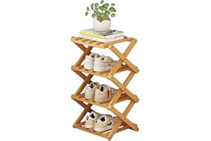 Xugoox 4 Tiers Shoe Rack, Foldable Bamboo Shoes Organizer, Freestanding and Space-Saving Shelf for Entryway, Closet, Bedroom,