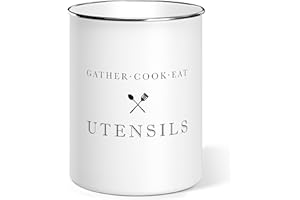 Barnyard Designs White Utensil Holder for Kitchen Countertop, Farmhouse Metal Utensil Crock, Rustic Country Decorative Kitchen Utensil Caddy Large, 5.5x6.75
