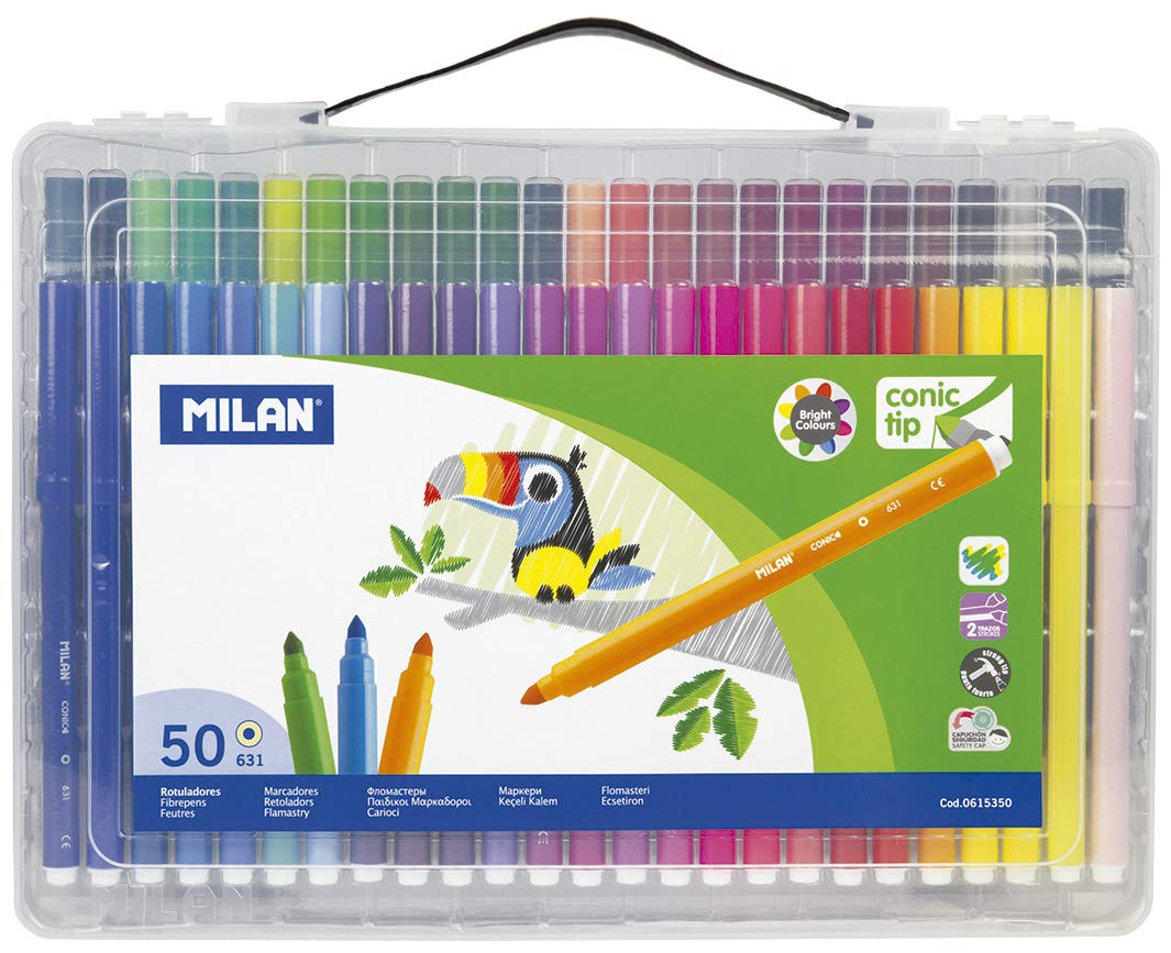 Maletín transparente 50 rotuladores Punta cónica Base agua