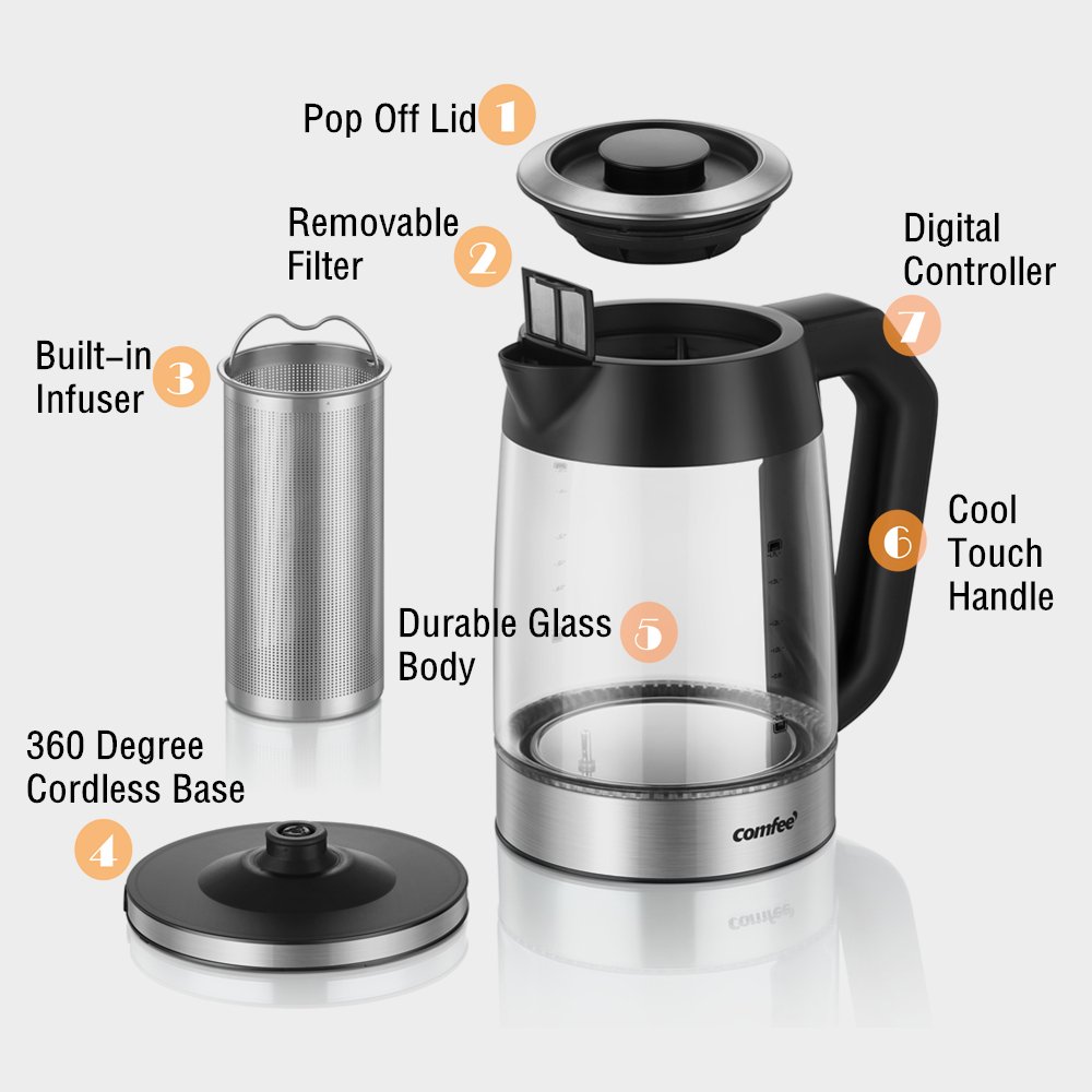 Comfee 1.7 Liter 1500W Glass Electric Kettle With Removable Tea Infuser