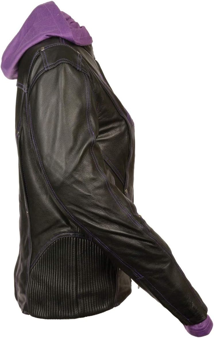 Milwaukee Leather ML2067 Women's 3/4 Black and Purple Leather Hoodie Jacket with Reflective Tribal Design - 4X-Large: Automotive