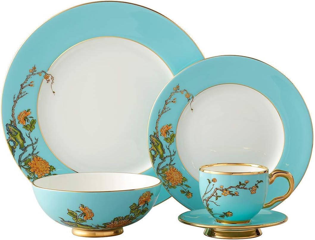 Auratic Lady Turquioa Collection, Luxury and Durable Chinese Style 5-Piece Dinnerware Set, Gold Decorated, For Banquet, Dinner Party