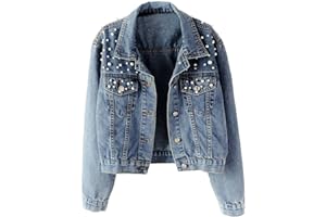 LifeShe Women's Embroidered Pearl Denim Jean Jacket Coat