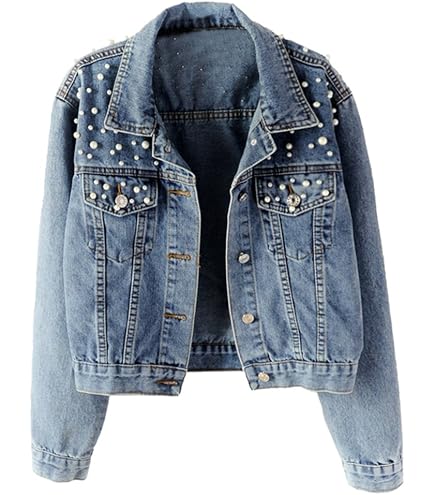 Ankecity Embroidered Pearl Denim Jacket for Women Casual Jean