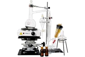 YUXUN YX 1000ml Essential Oil Distillation Apparatus Lab Glassware Kits Steam Water Distiller Purifier Kits w/Separating Funnel Graham Condenser Flat Bottom Flask and Electric Hot Burner 110V (1000ML)