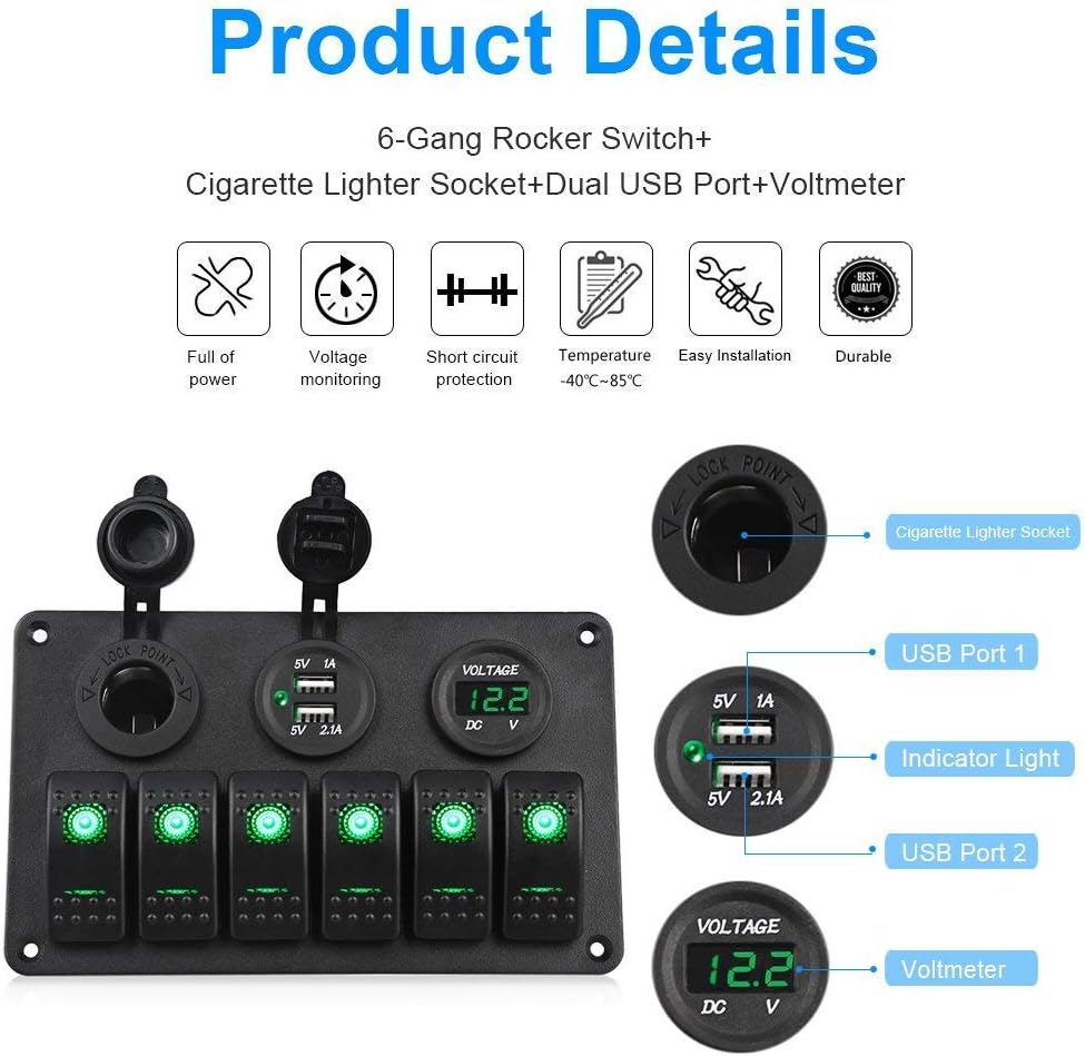 WATERWICH 6 Gang Marine Ignition Toggle Rocker Switch Panel Waterproof with Digital Voltmeter 3.1A Dual USB Charger Cigarette Lighter Socket for RV Car Boat Vehicles Truck Trailer Yacht(6 Gang Green): Automotive