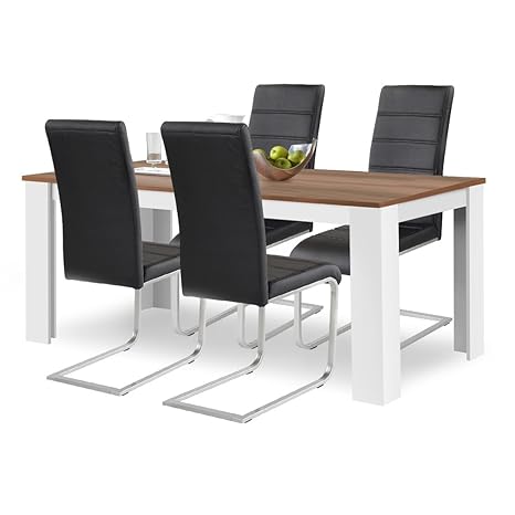 agionda® Esstisch + Stuhlset : 1 x Esstisch Toledo 160 x 90 Nussbaum/Weiss + 4 Freischwinger Kunstleder PU schwarz